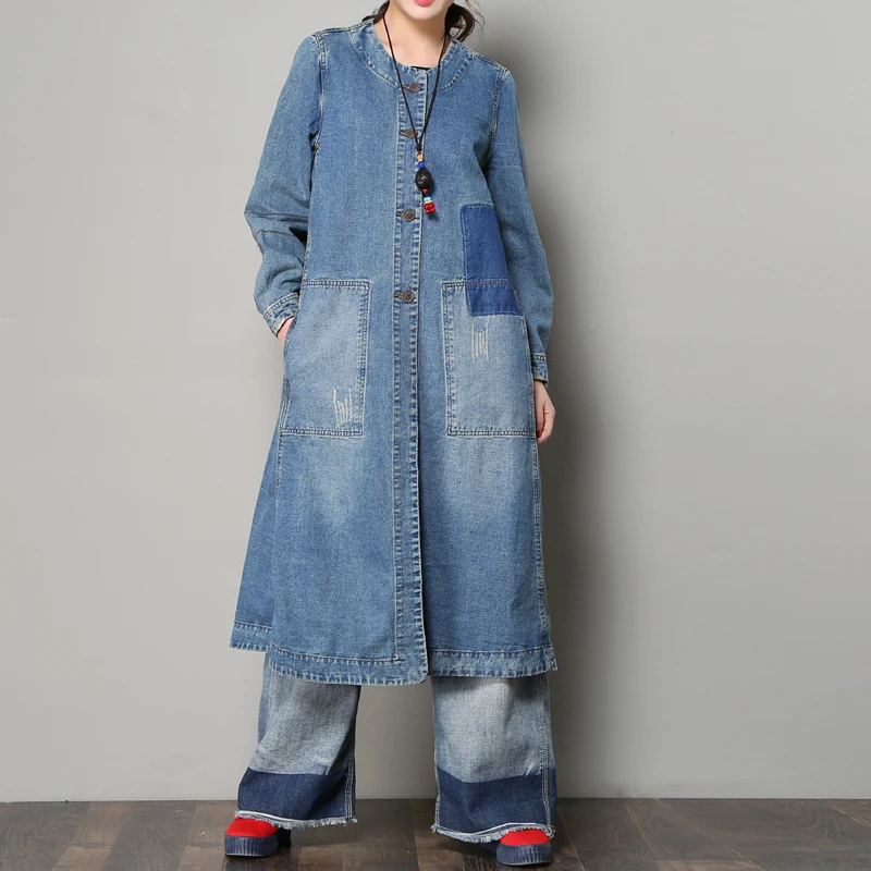 Free Shipping 2021 New Loose Denim Single-breasted Women Long mid-calf Plus Size Vintage Jeans Trench Outerwear With Big Pockets