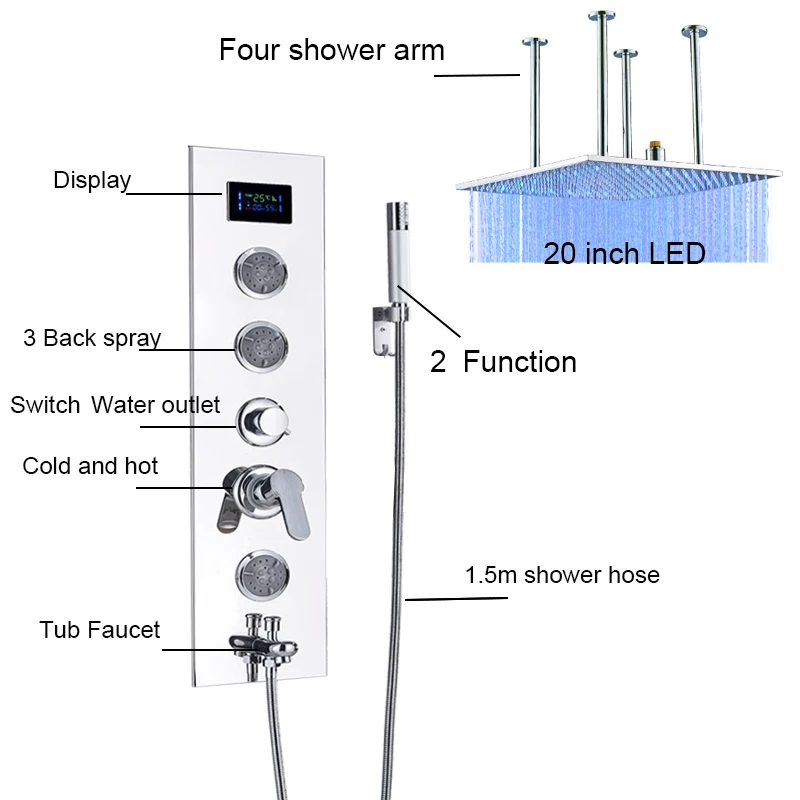Ulgksd светодиодный 20 дюймов смеситель для душа настенный душевой панели 4 функции холодной и горячей ванной кран