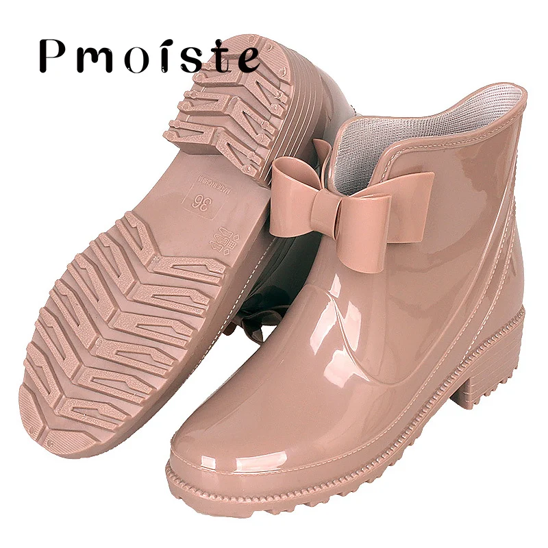 

PVC Rain Boots For Girls Plus Size 43 Fashion Butterfly Knot Ankle Boots Female Waterproof Oil Shoes Women Walking
