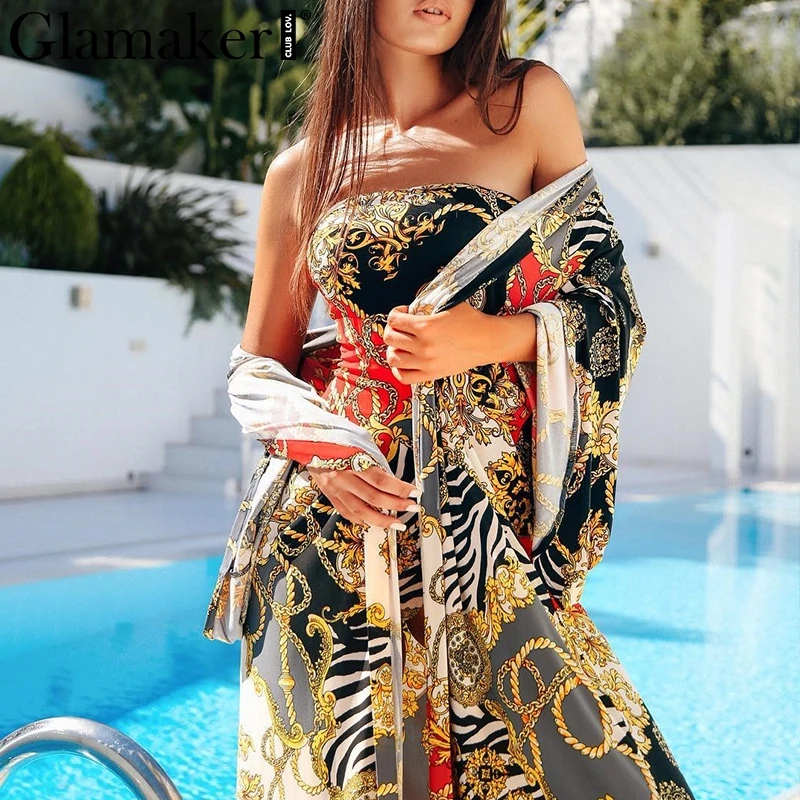 

Glamaker Vintage print beach long dress women sarong Summer 2019 beach wear swimsuit cover up Tunic women robe kaftan cover-ups