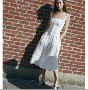 

Cakucool Summer White Dress Spaghetti Strap Vintage Slim Vestido Brief Zipper Empire Mid Long Dresses Sundress