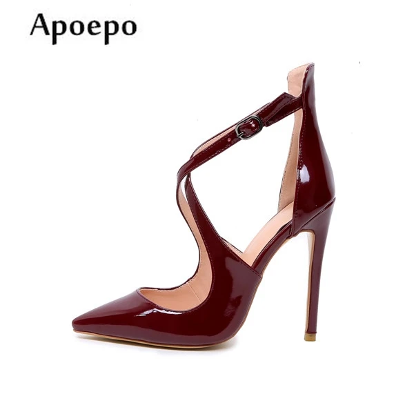

New Hot Selling Woman Shoes 12cm/10cm Pointed toe Dress Heels Wine Red Pu Leather Pumps Cross-strap Sexy High Heels