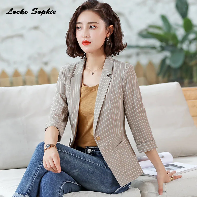 1pcs Women Plus size Blazers coats 2019 Summer cotton Single buckle stripe Small Suits jackets ladies Skinny Blazers Suits coats