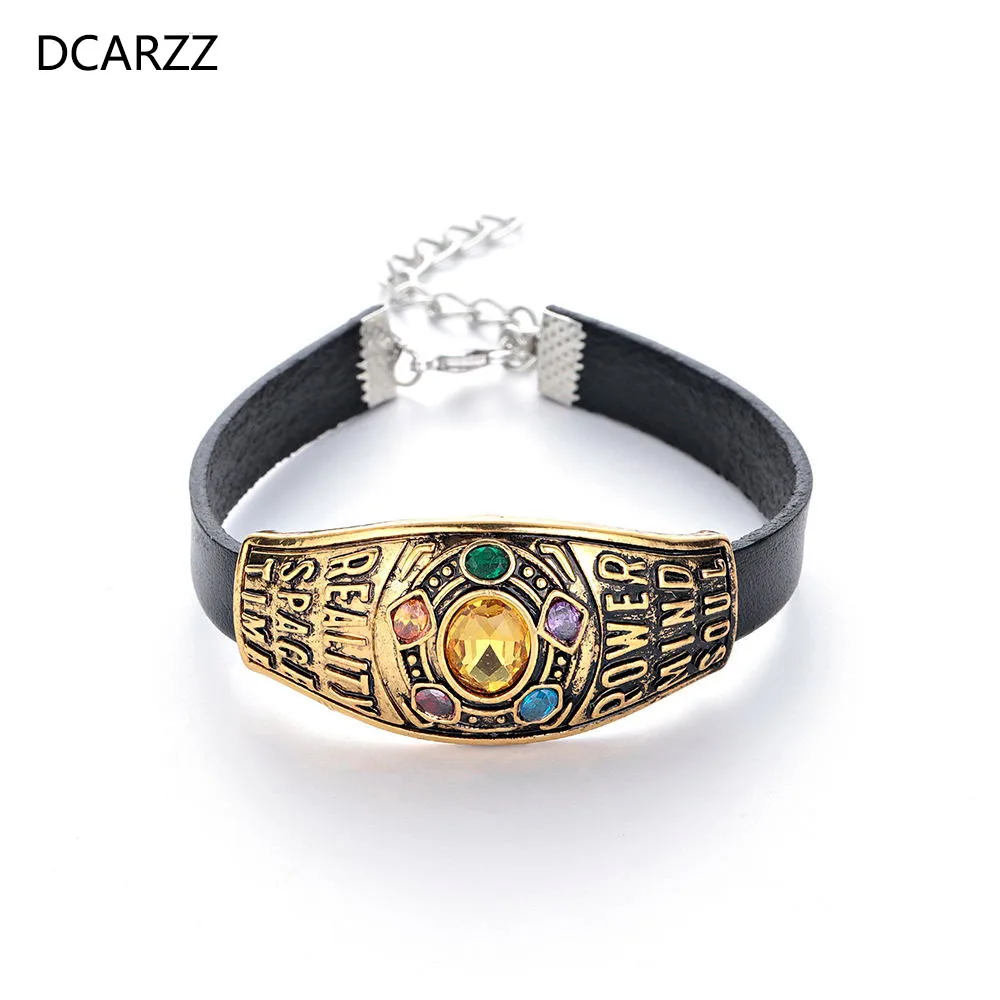 

Hot Sell Leather Bracelet Thanos Rhinestones Wrap Couple Bracelet Bangels Men Avengers 3 Stone Charm Bracelet Men Trendy Jewelry