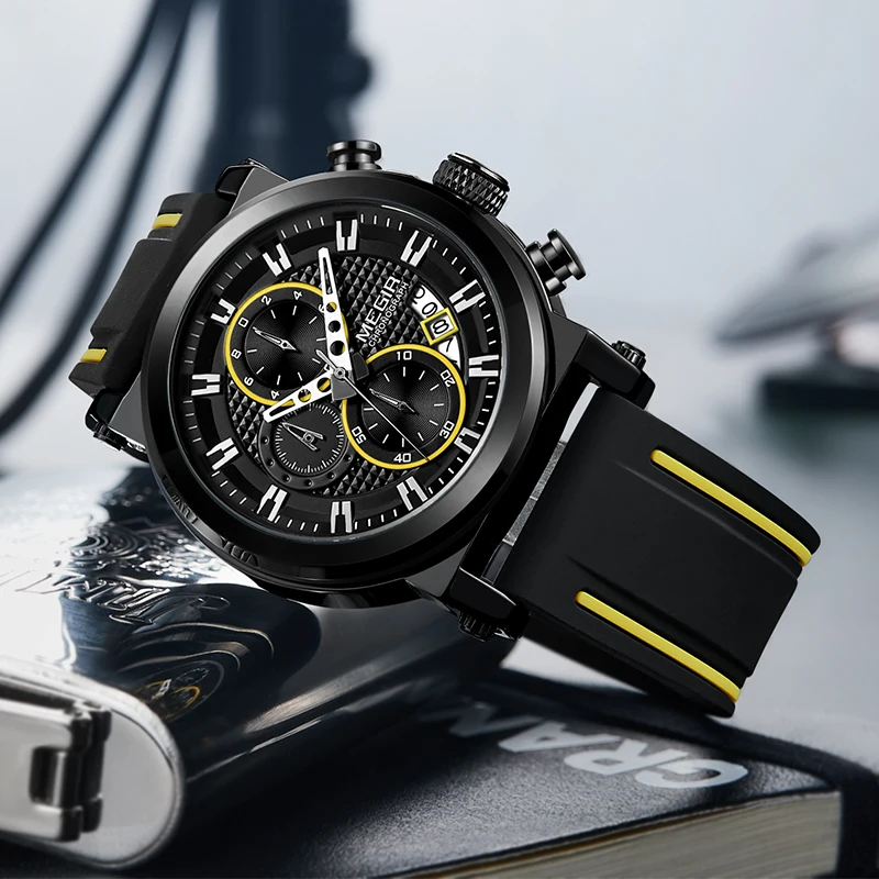 

MEGIR Men Watch TOP Brand Waterproof Chronograph Leather Sport Military Watches Silicone strap Fashion Clock Relogio Masculino