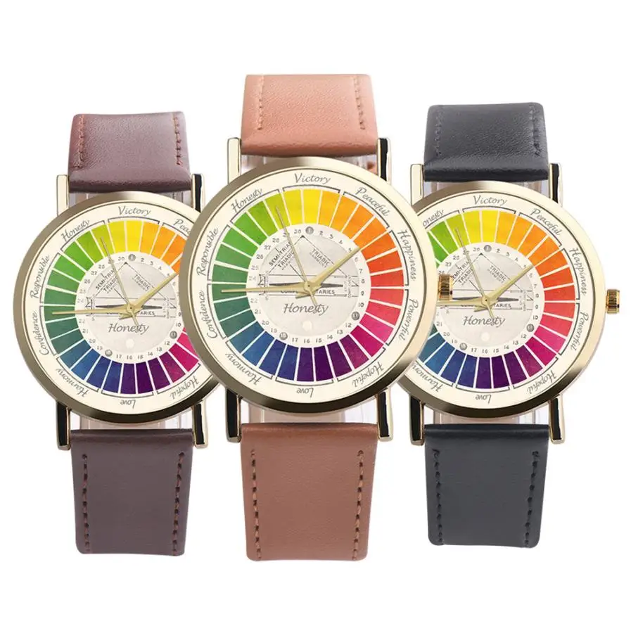

On salling! Rainbow dial Womens Mens Casual Cute Colourful Leather Band Analog Alloy Quartz Wrist Watch xfcs Valentine's gift