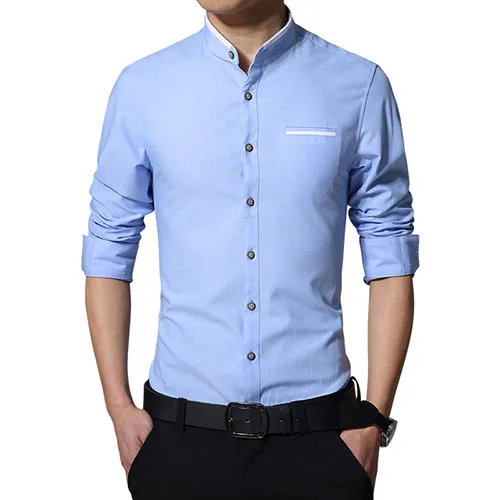 Новая мода, повседневные мужские рубашки с длинным рукавом, воротник-стойка, приталенная рубашка для мужчин, корейский бизнес, мужские рубашки, Мужская одежда, M-5XL - Цвет: Light Blue