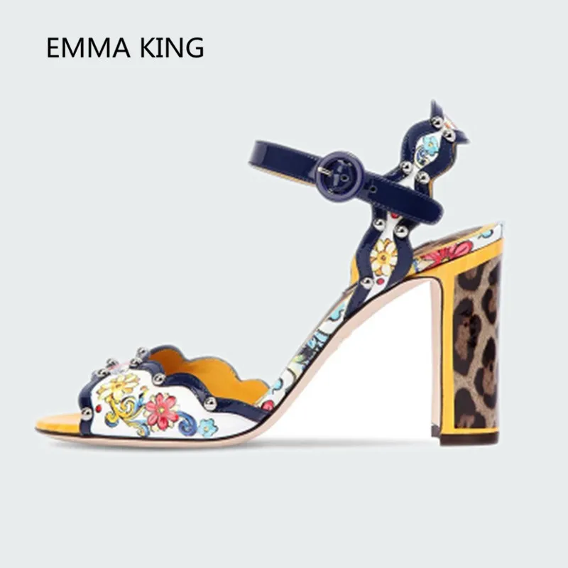 

2019 New Women Leopard Heel Sandals Open Toe Party Wedding Shoes Sexy Chunky High Heels Flowers Prints Woman Gladiator Sandals