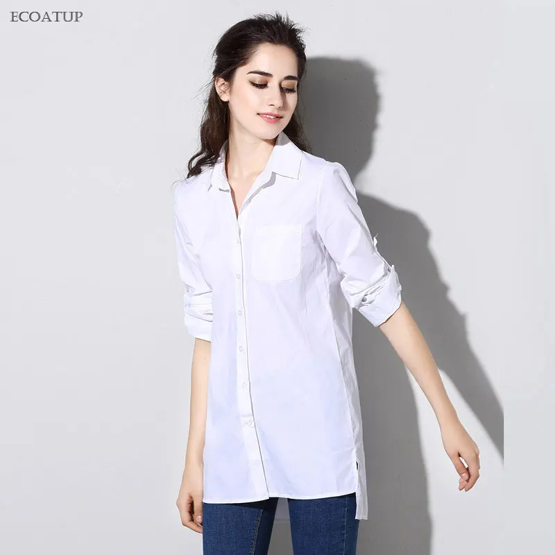 Women Blouse 2018 BF Boyfriend Style Casual Split Slit Hem Roll Up Sleeve Big Plus Size White