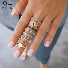 9 デザイン 8 ピース/ロットボヘミアン指リングセット女性金色心の愛の結晶自由奔放に生きるパンクパーティーナックルリングジュエリー(China)
