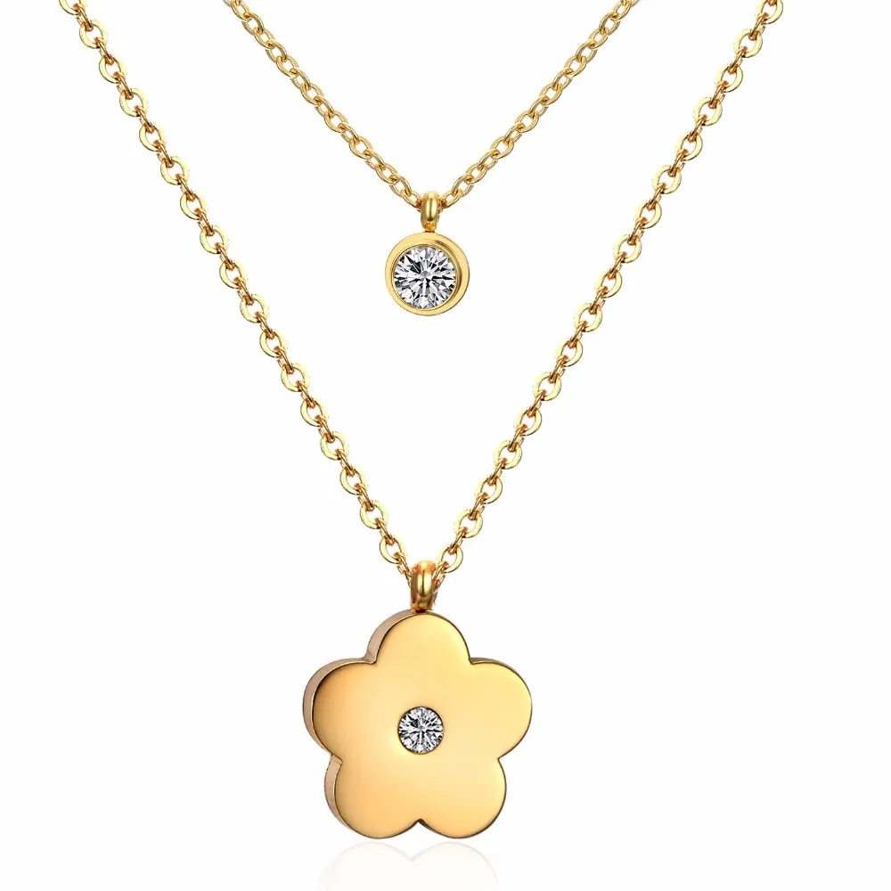 

LUXUSTEEL Trendy Style Flower Pendant Necklace Stainless Steel Gold/Silver Double Chain Necklaces For Women/Bijoux Gift