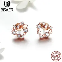 BISAER, 925 пробы, серебряные, прозрачные, CZ, розовое золото, блестящее сердце, серьги-гвоздики для женщин, вечерние, свадебные, серебряные украшения, серьги ECE575