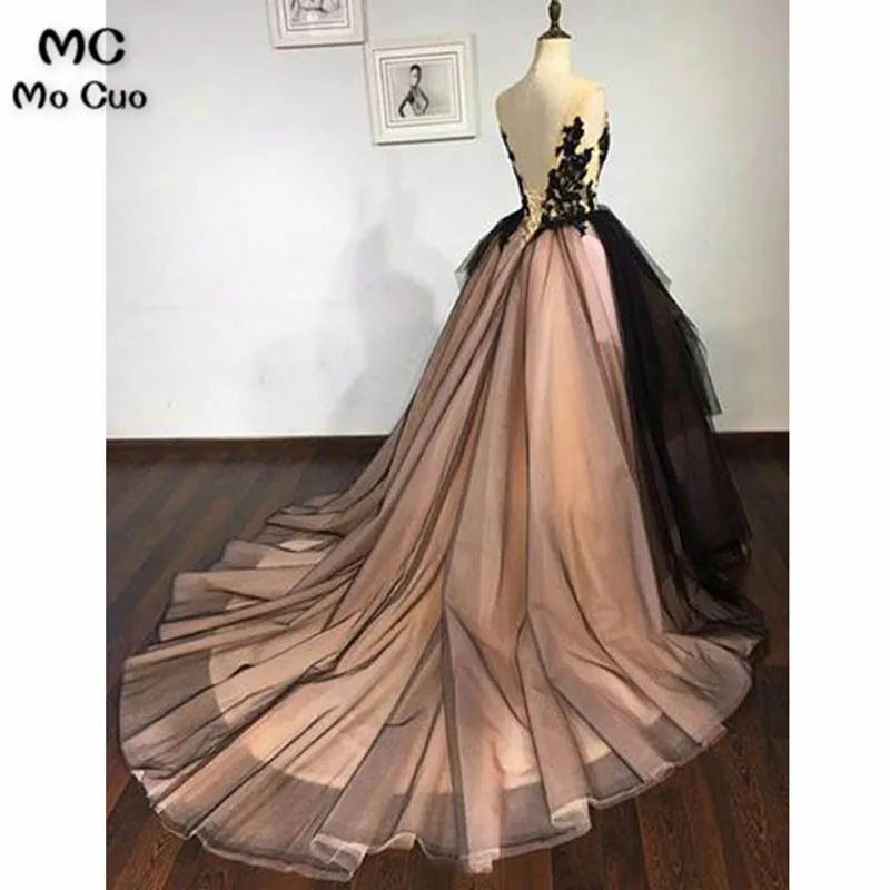 Charming black lace V neck long train A-line formal prom dress, long evening dress4