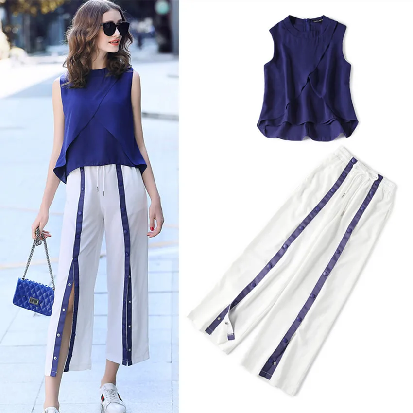 2 Pieces Women Clothing Sets Womens Casual Pants Suit Twinset Suit Sleeveless Drapped Tops And