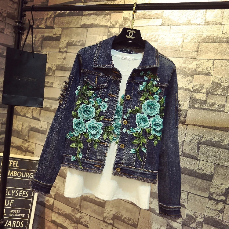 

2018 Autumn Spring New Women's Short Jacket Fashion Embroidery Green Flower Long Sleeved Holes Jeans Coat Students Blue Coats