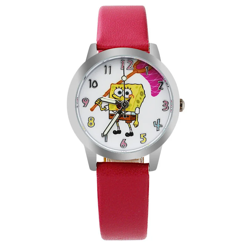 Новые брендовые Детские часы, повседневные кварцевые светящиеся часы с кожаным ремешком, детские часы с рисунком губки боба, подарок на день рождения для мальчиков и девочек - Цвет: Розовый