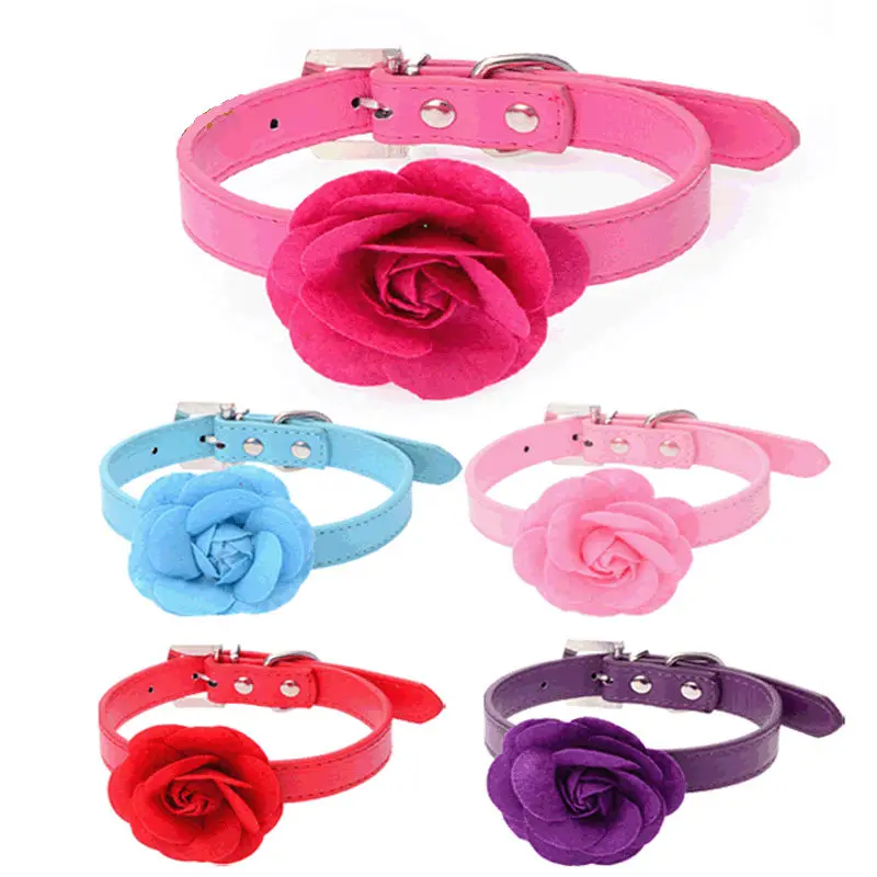 

5Color fashion Roses Pet collar A cloth flower Dog belt lovely Hot canvas Creative PU dog chain Anti-breaking