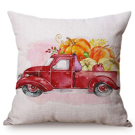 Red Vintage Car Pumpkin Autumn Harvest Thanksgiving Decorative Cushion Cover Watercolor Art Cotton Linen Sofa Throw Pillow Cover K121-3