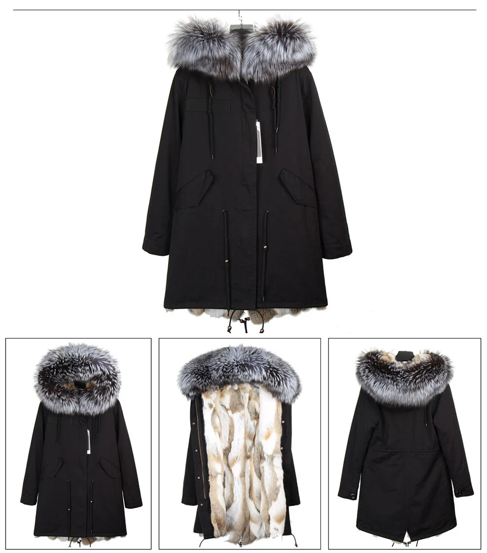 Новое длинное пальто из натурального кроличьего меха со съемным воротником, женские зимние куртки, толстая теплая меховая парка, пальто из натурального меха