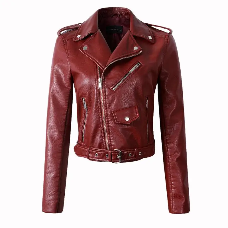 Fitaylor женские Куртки из искусственной кожи винно-красного цвета Женская куртка-бомбер из искусственной кожи мотоциклетная Байкерская верхняя одежда розового и черного цвета с поясом - Цвет: Burgundy