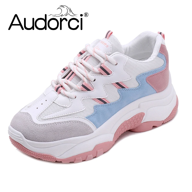 

Audorci 2018 Autumn Fashion Women Clunky Sneakers Woman Lace-Up Casual Shoes Female 3 Colors Breathable Outdoor Shoe Size 35-40