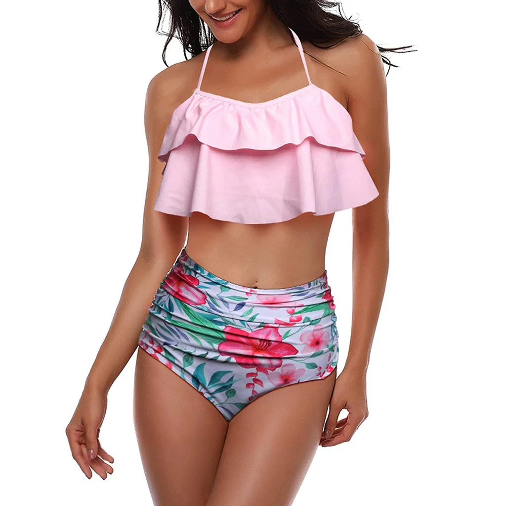 

Sexy Women Floral Print Pink Halter High Waist Push-Up Padded Beach Backless Bikini Set Lace up Swimsuit Ruffles Summer Swimwear