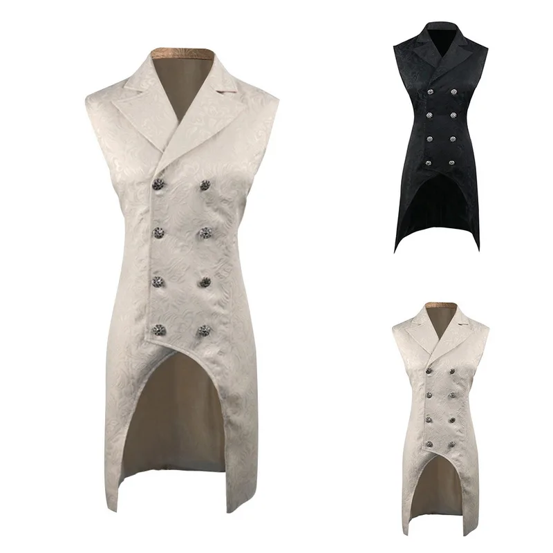 

New Floral Print Men Suit Jacket Sleeveless Long Veste Costume Homme Vintage Slim Jackets For Men Solid Double Breasted Tailcoat