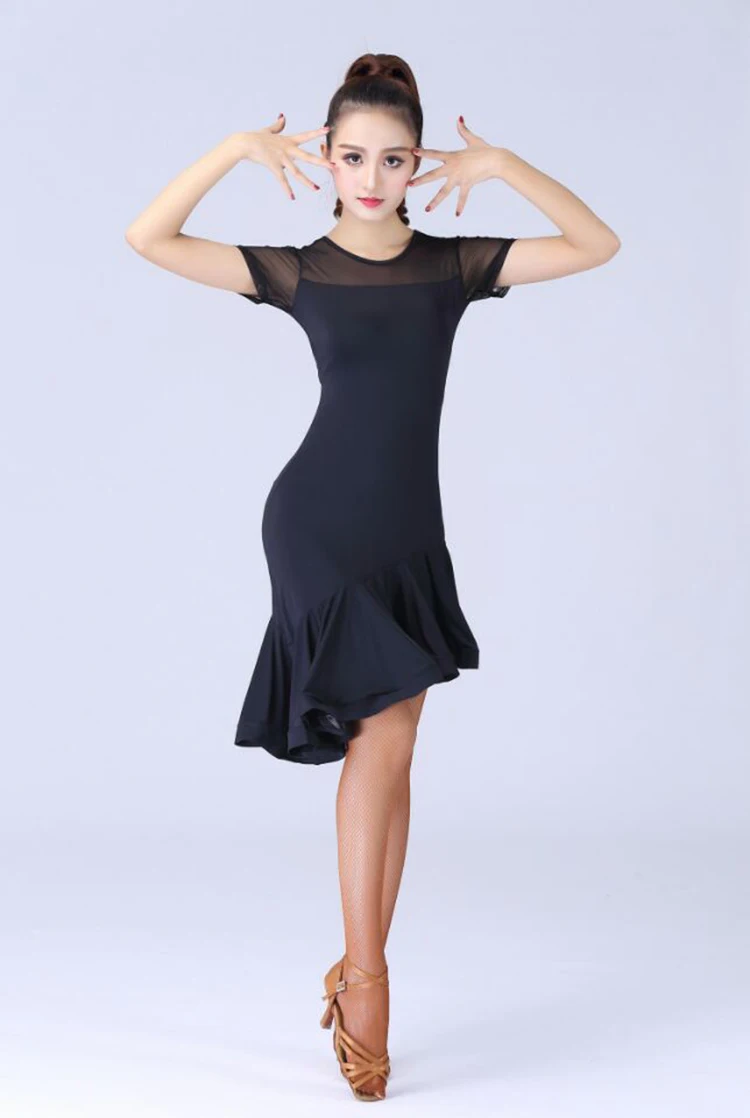 Черный латинский танец новая мода женский танцевальный костюм комплект платье Сальса Самба короткий рукав кружева Женские латинский танец платья