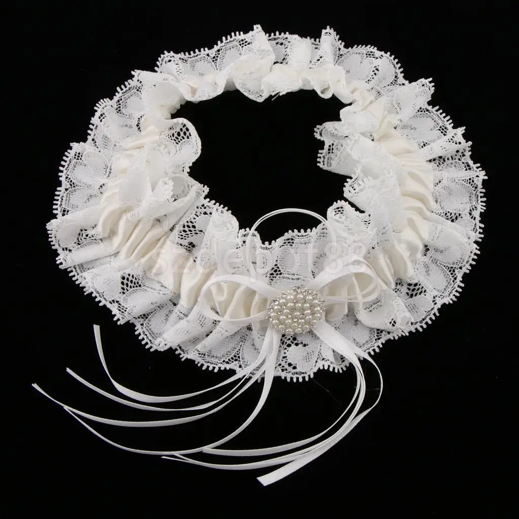 Wedding Bridal Lace Pearls Garter w/ Bowknot Trim Bride to Be Hen Night Party Theme Dress Wedding Party Gift Favor