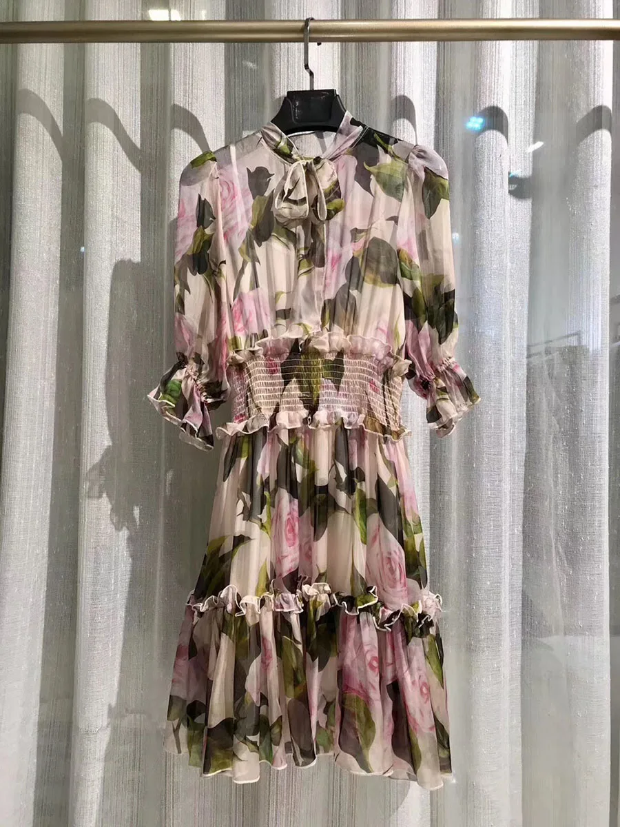 

Italy Fashion Luxury Silk Dress 2019 Summer Prink Rose Print Short Sleeve Shirred Empire High Waist Ruffles Elegant Mini Dress
