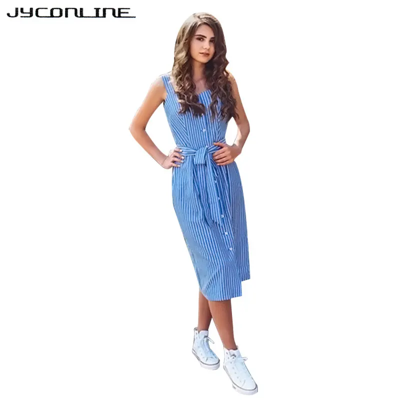 JYConline Sleeveless Blue Striped Dress Summer Off Shoulder Women Party Dresses Single Breasted Elegant Shirt Dress