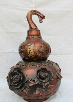 

USPS to USA S1157 18" Folk Chinese Bronze BAT Auspicious Flower Statue FengShui Fu Gourd Cucurbit