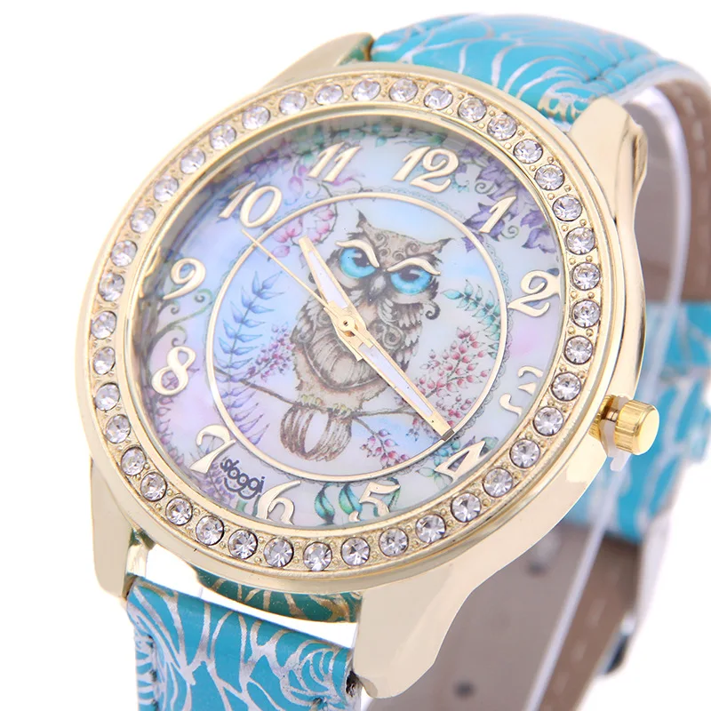 

New fashion printing leather watch women owl pattern diamonds casual wristwatch watch relogio feminino ceasuri Relojes kol saati