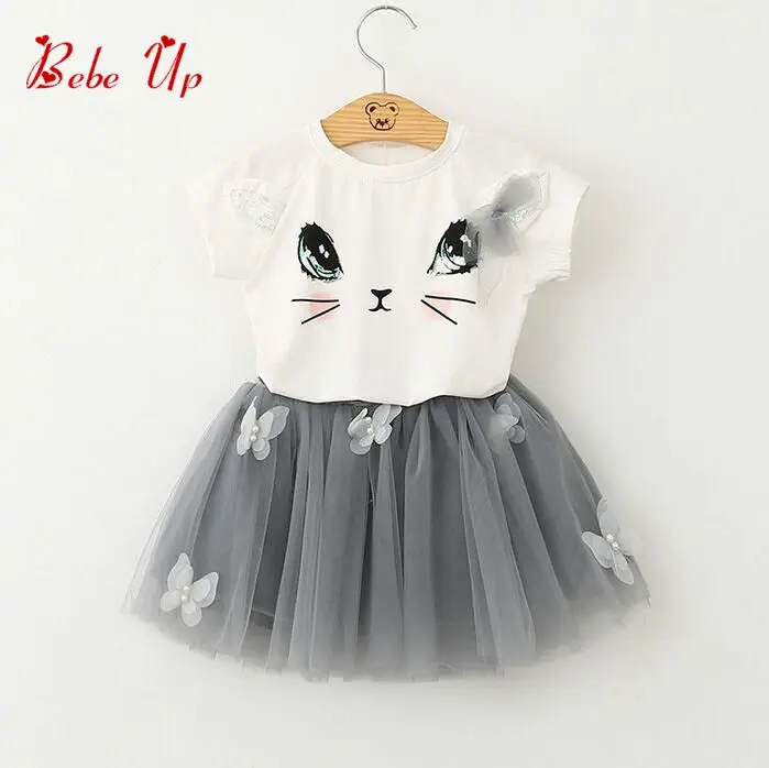 Детские футболки с котами и короткими рукавами для принцесс; летняя бальная юбка с цветочной аппликацией для маленьких девочек; комплекты одежды для детей