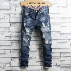 Новые модные брендовые дизайнерские джинсы мужские ретро рваные прямые узкие джинсы хлопковые джинсовые брюки темно-синие мужские
