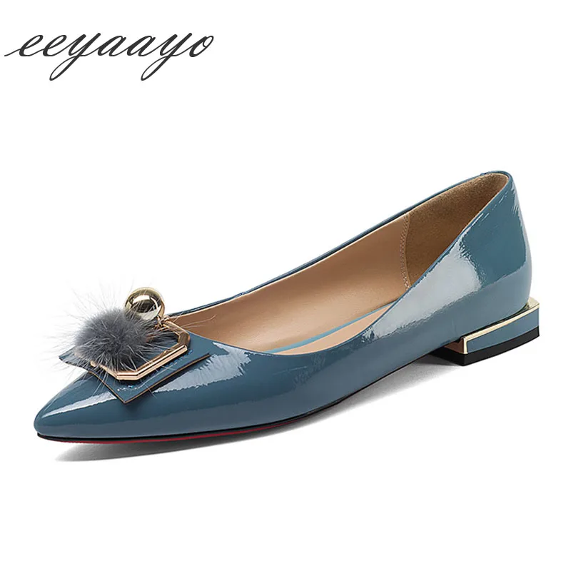

2019 New Genuine Leather Spring Women Pumps Low Heel Pointed Toe Shallow Marten Hair Sexy Women Cow Leather Shoes Blue Pumps
