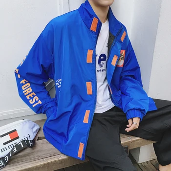 

2018 Korean Autumn Newest Man's Fashion Tide Hit Color Letter Pattern Stand Collar Loose Casual Black/Blue Jackets Coats S-XL