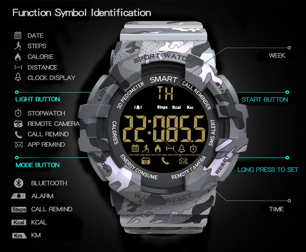 Мужские спортивные часы водонепроницаемые плавательные военные часы камуфляжные умные часы Whatsapp Facebook приложение для IOS и Android телефона