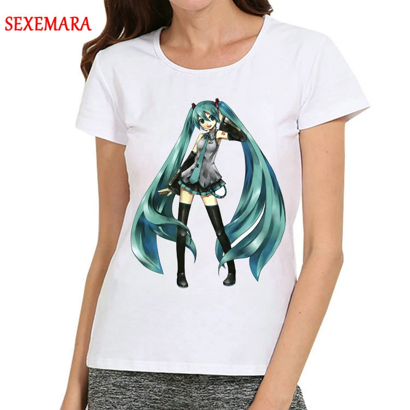 

New Women White Hatsune Miku T-Shirt Short Sleeve Girls Cartoon Miku Print Top Tees tshirt For Ladies
