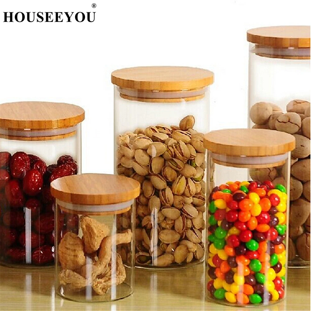 

Glass Jar with Bamboo Lid Food Preservation Candy Tealeaf Storage Bottles Container Cans Sealing Mason Jars Kitchen Accessories