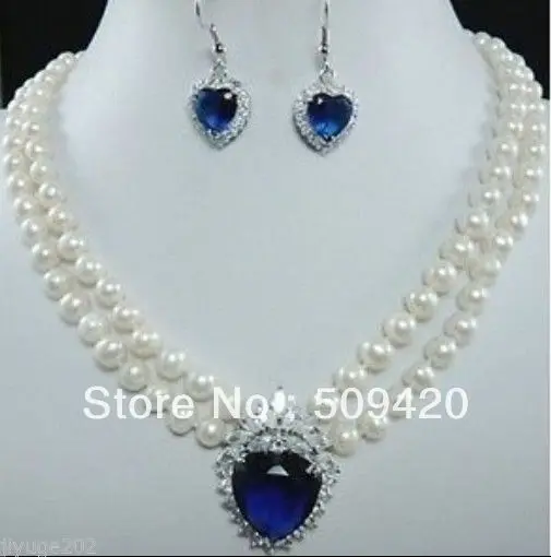

Free Shipping>>>white freshwater pearl necklace blue Heart Crystal earring set #@