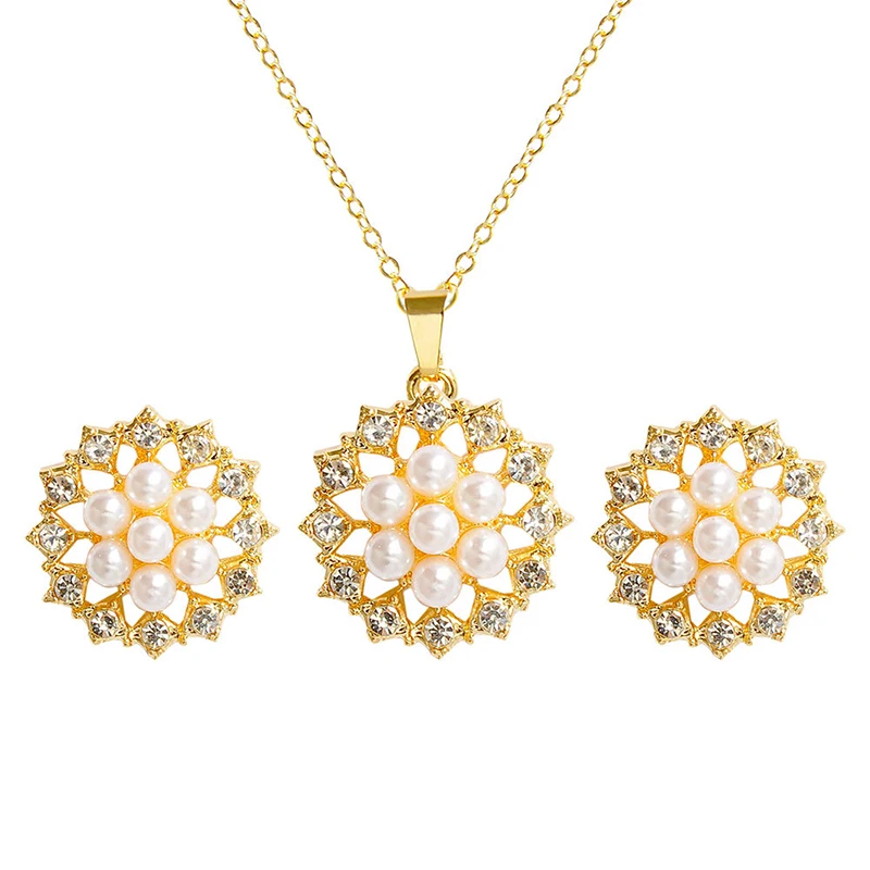 

New Openwork Flower Pearl Crystal Stud Earrings Creative Set Two-piece Fit for Women Charm DIY Jewelry Sets