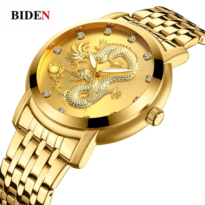 Mens Watches Top Brand Luxury Gold Dragon Stone Quartz Male Wristwatch Stainless Steel Sports Men Watch Clock relogio masculino