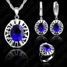 Alta Qualidade Azul CZ Cristal Colar & Brinco & Anel de Casamento 3 Set Real 925 Pingente de Prata Set Jewlery presente Por Atacado(China)