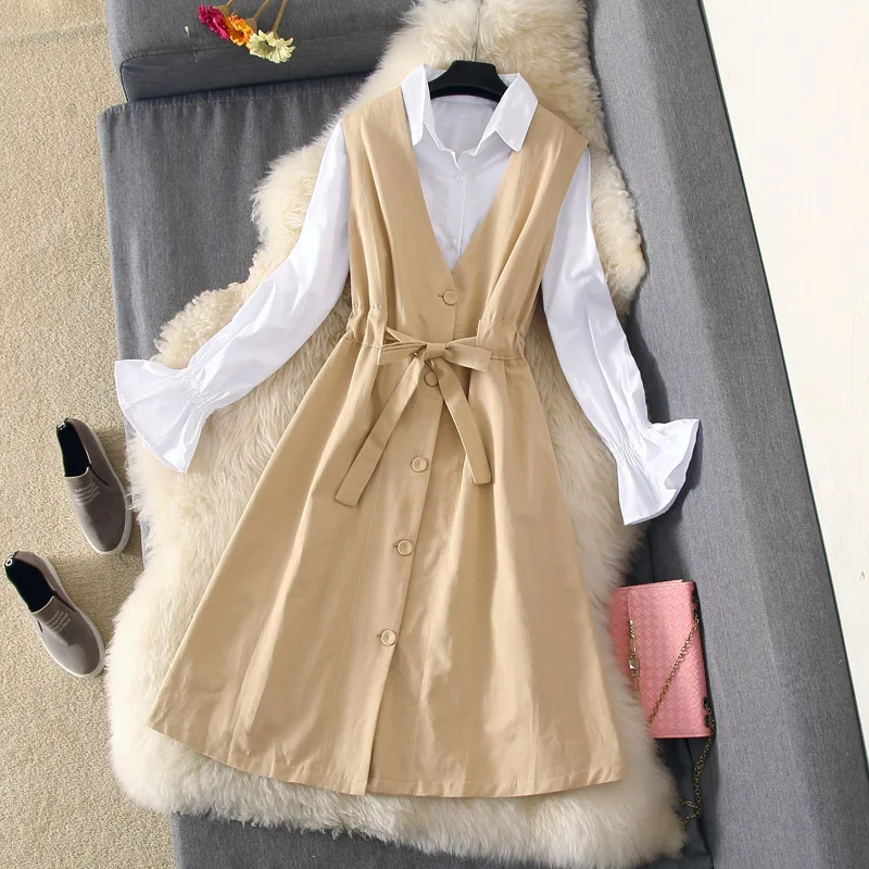 

2019 autumn new arrive vest sleeveless dress+white blouse shirt set, women's 2 pieces suit