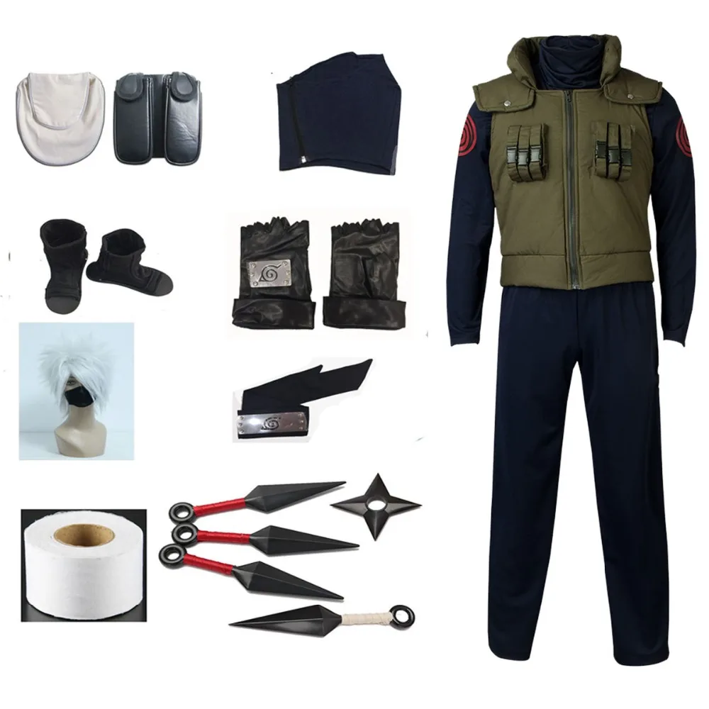 

Anime Naruto Cosplay Hatake Kakashi cosplay costume Clothes +gloves+hedband+wig+boots+bags+weapon+mask custom made size