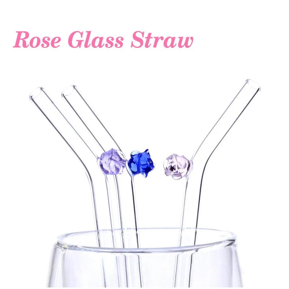 Rose Glass Straws Clear Bent Drinking Straws, 20cm X 8mm Set of 6 with 2 Cleaning Brushes, Eco Friendly, BPA Free, Very Sturdy, Milkshake, Tea, Juice, Water, Essential Oils (3 Color)04