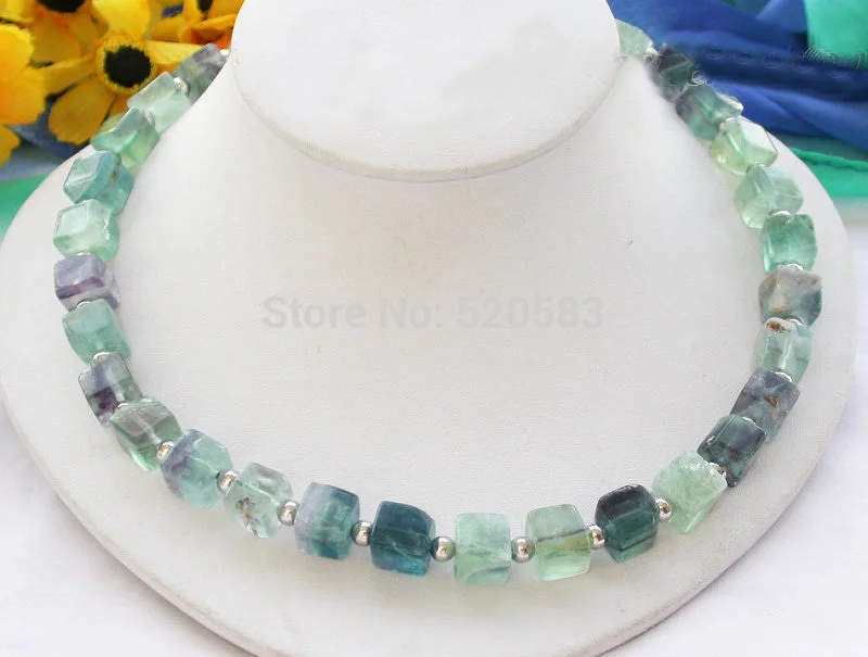 

Nature 17" 12mm cube green Fluorite stone bead necklace