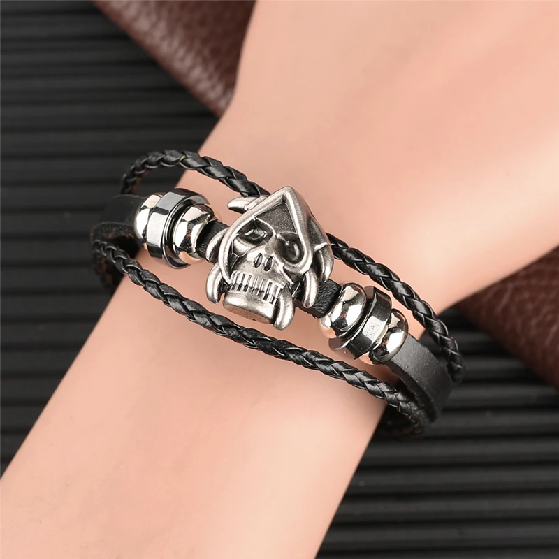 Cool Skull Punk Leather Ropes Men Bracelet Fashion Young Boys Bangle Accessory |