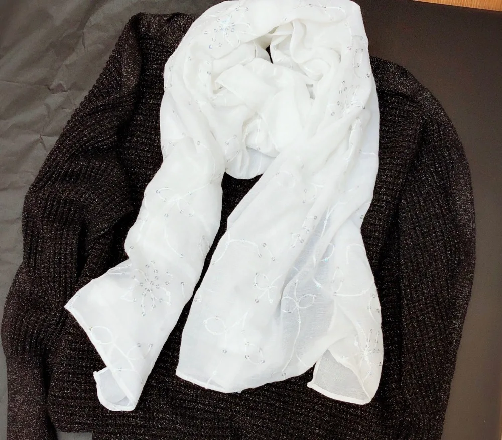 

White embroidery sequins embellishment long scarf